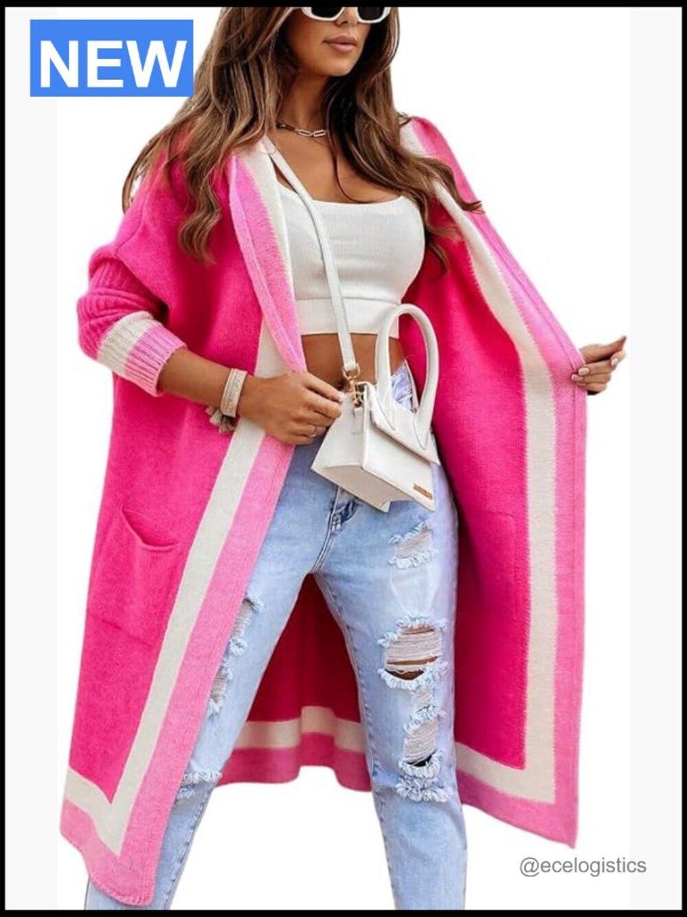 Oversized Hooded Long Cardigan Sweater with Pockets, Vertical Striped